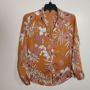 Express Orange Button Down Shirt with Notched Collar 100% Polyesyer